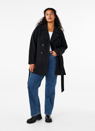 Zizzi Kurze Wolljacke mit Gürtel, Black, Model image number 2