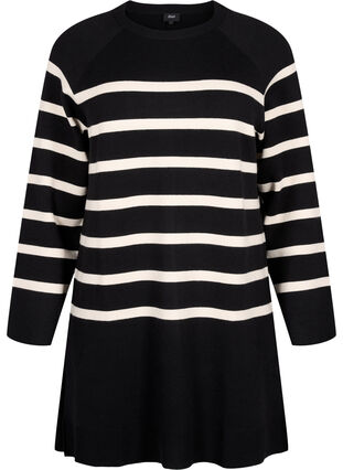 Zizzi Strickkleid mit Rundhalsausschnitt und Schlitz, Black Birch Stripes, Packshot image number 0