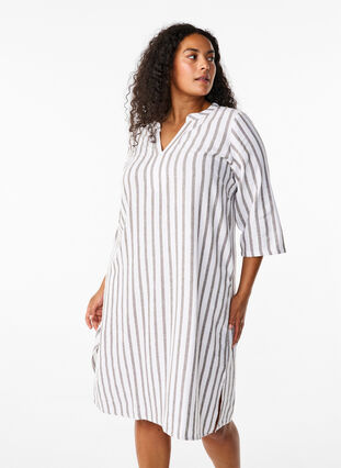 Zizzi Gestreiftes Tunika-Kleid aus Leinen-Viskose-Mix, White Stripe, Model image number 0