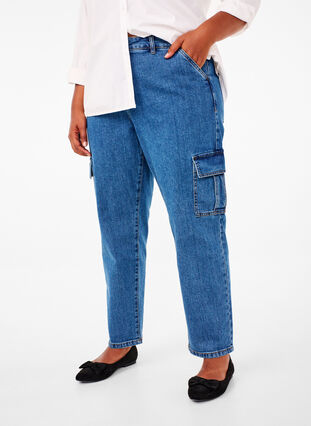 Zizzi Cargo-Jeans mit hoher Taille, Blue Denim, Model image number 2