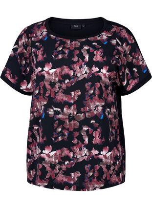 Zizzi Lockeres T-Shirt mit Blumenmuster, Black Purple Fl. AOP, Packshot image number 0