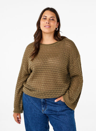 Zizzi  Strickpullover mit Lochmuster, Dusky Green, Model image number 0