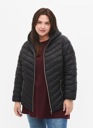 Zizzi Leichte Jacke mit Kapuze, Black, Model image number 0