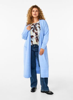 Zizzi Lange Strickjacke mit Taschen, Cornflower Blue Mel., Model image number 0