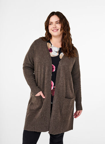 Zizzi Strickjacke mit Rippenstrick und Taschen, Espresso Mel., Model image number 0