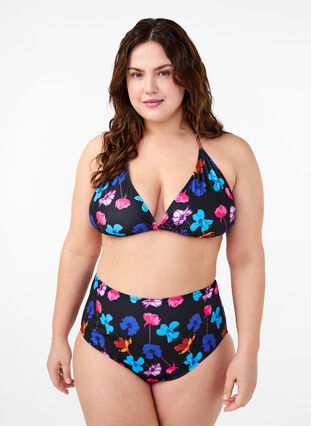 Zizzi Bikinihose mit Aufdruck und hoher Taille, Black Flower AOP, Model image number 0