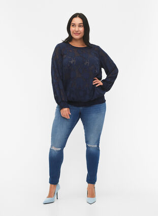 Zizzi  Jacquard-Bluse mit Smock-Muster, Navy Blazer, Model image number 2