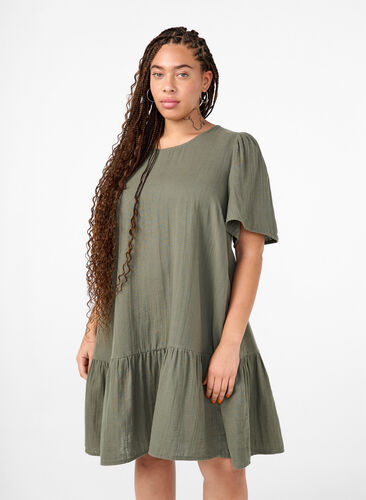 Zizzi Kurzärmliges Kleid aus Baumwolle mit A-Linien-Schnitt, Thyme, Model image number 0