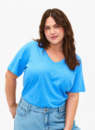 Zizzi Kurzärmliges Basic-T-Shirt mit V-Ausschnitt, Marina, Model image number 0
