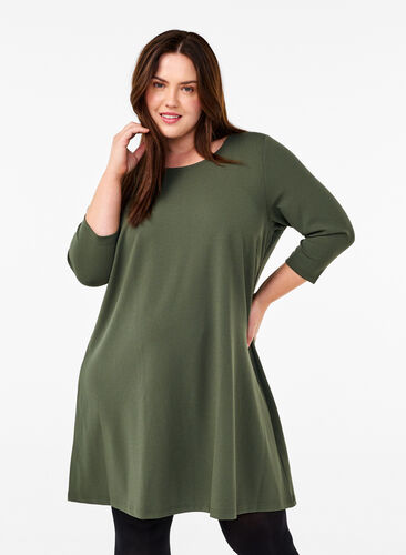 Zizzi FLASH – Kurzes Kleid mit A-Linien-Schnitt und 3/4-Ärmeln, Thyme, Model image number 0