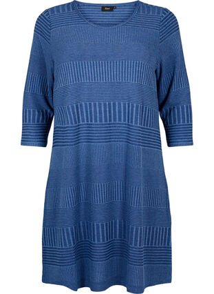 Zizzi Kleid mit 3/4-Ärmeln und Streifenmuster, Estate Blue Melange, Packshot image number 0