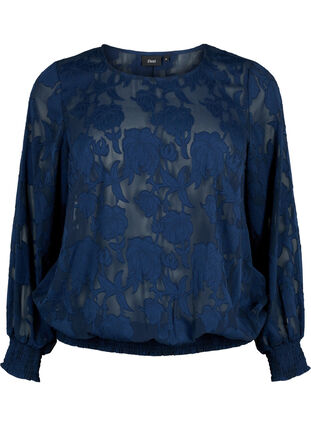 Zizzi  Jacquard-Bluse mit Smock-Muster, Navy Blazer, Packshot image number 0