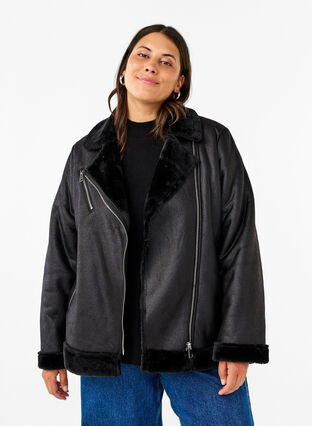 Zizzi Pilotenjacke aus Kunstleder, Black, Model image number 0