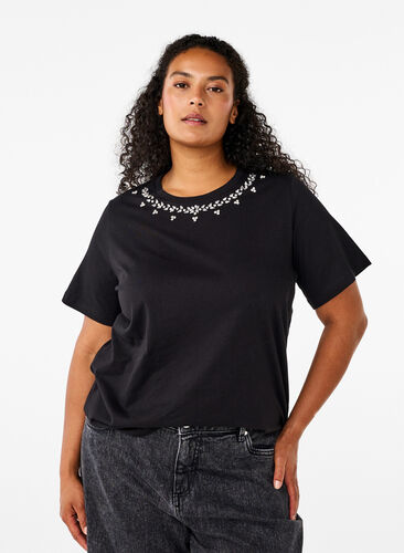 Zizzi T-Shirt mit Rundhalsausschnitt und Strasssteinen, Black, Model image number 0