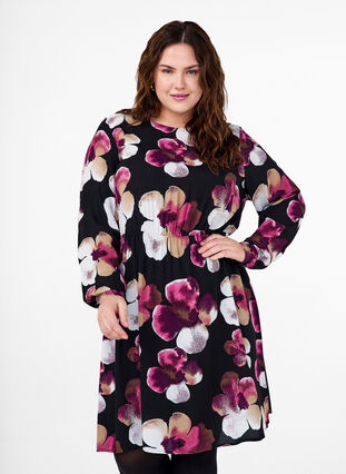 Zizzi Viskosekleid mit Druck und langen Ärmeln, Black Pink FlowerAOP, Model image number 0