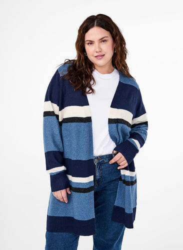 Zizzi Lange Strickjacke mit breiten Streifen, Bering Sea Mel. Comb, Model image number 0