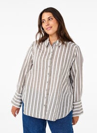 Lockeres Shirt mit Streifen, Sand w. Black Stripe, Model