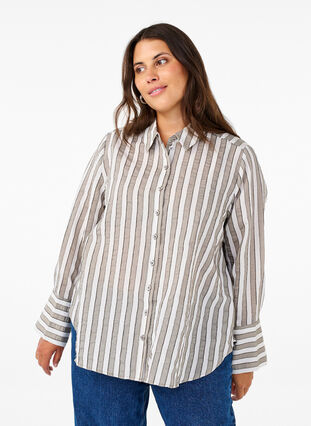 Zizzi Lockeres Shirt mit Streifen, Sand w. Black Stripe, Model image number 0