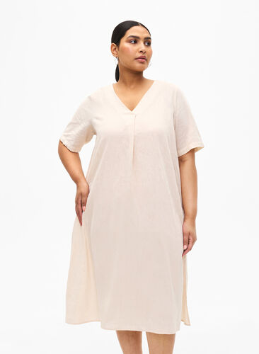 Zizzi Kaftan-Kleid aus Baumwollmischung mit Leinen, Sandshell, Model image number 0