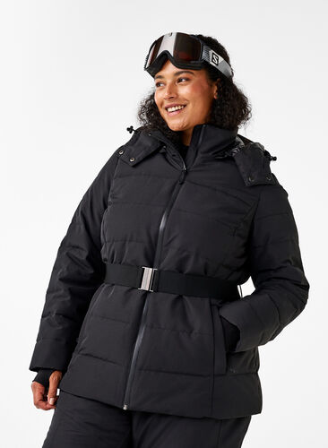 Zizzi Ski-Jacke mit Kapuze und Gürtel, Black, Model image number 0