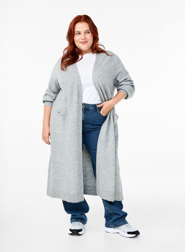 Zizzi Lange Strickjacke mit Taschen, Light Grey Melange, Model image number 0