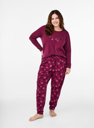 Zizzi Cotton Pyjamas Hose mit Druck, Fig Flower AOP, Model image number 0