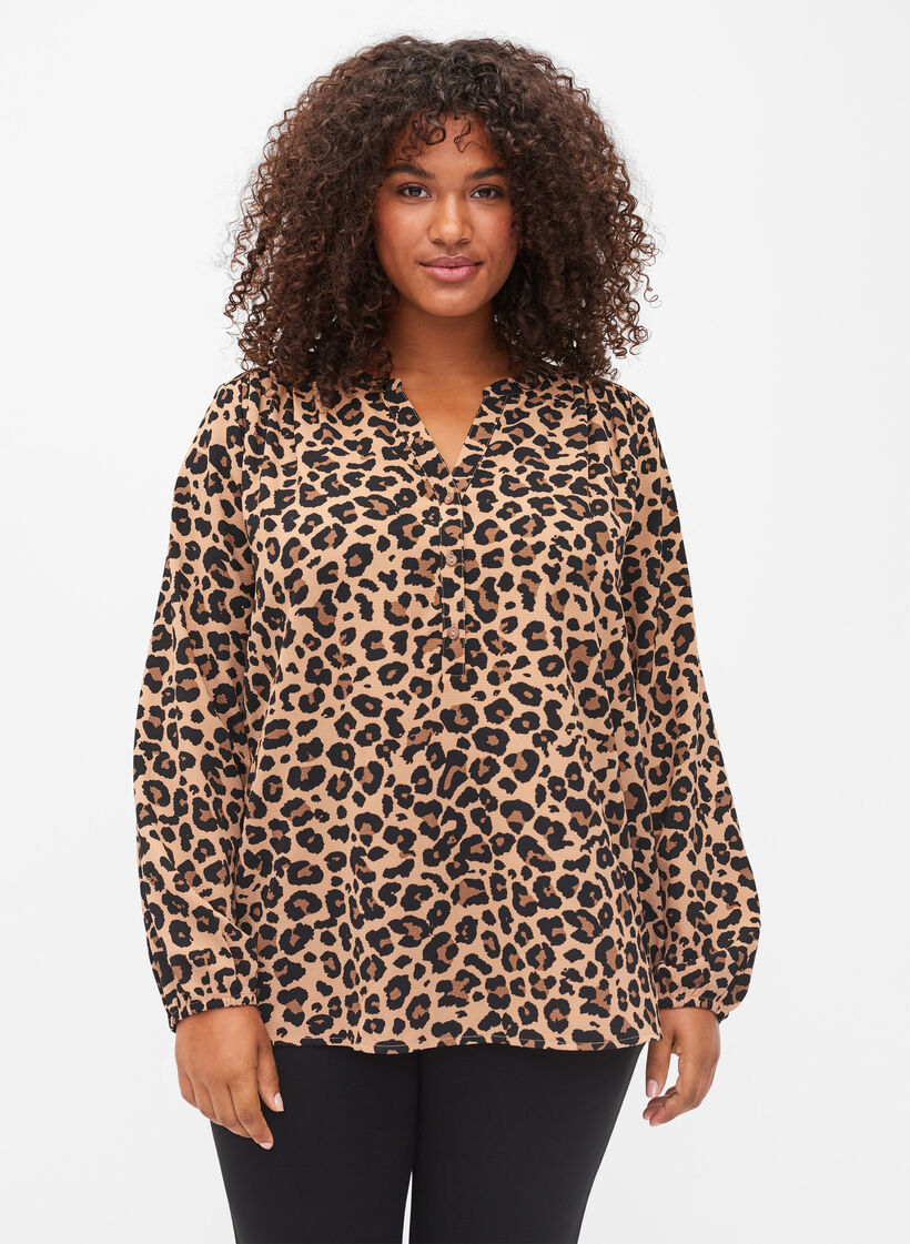 Langarm Bluse mit Leoparden-Print und - 42-60 Gr. - Braun V-Ausschnitt Zizzi 