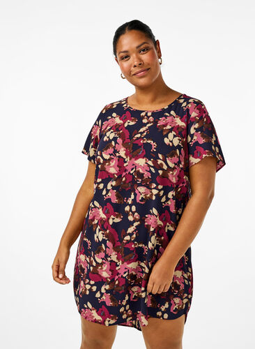 Zizzi Kleid mit Aufdruck und kurzen Ärmeln, Ev.Bl.PurpleFl.AOP, Model image number 0