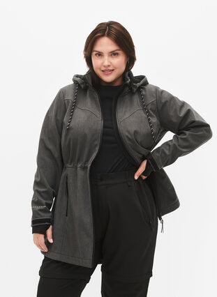 Zizzi Weiche Schale Jacke mit abnehmbarer Kapuze, Dark Grey Melange, Model image number 0