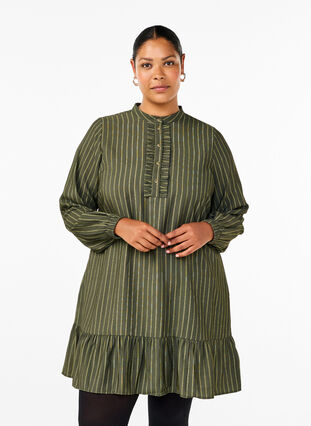 Zizzi Kurzes gestreiftes Kleid mit Rüschen, Thyme Stripe AOP, Model image number 0