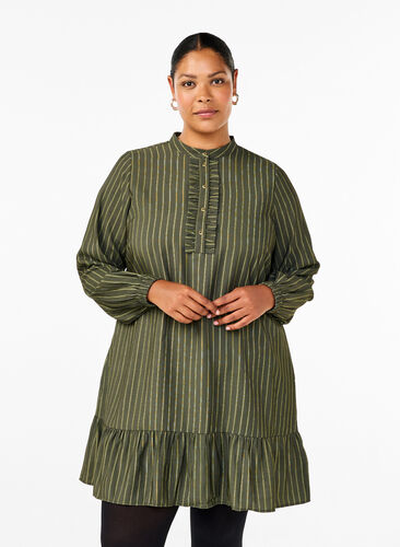 Zizzi Kurzes gestreiftes Kleid mit Rüschen, Thyme Stripe AOP, Model image number 0