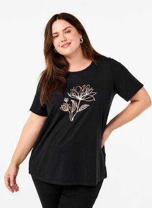 Zizzi FLASH - T-Shirt mit Motiv, Black R. Gold Flower, Model image number 0