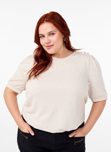 Zizzi Bluse mit Knopfdetail und kurzen Puffärmeln, Oatmeal White Mel., Model image number 0