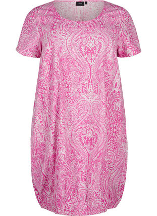 Zizzi Kurzärmeliges, bedrucktes Baumwollkleid, Shocking P. Paisley , Packshot image number 0