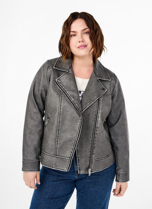 Zizzi  Lederjacke aus Kunstleder im Used-Look, Dark Grey Wash, Model image number 0