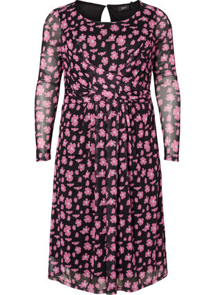 Zizzi Geblümtes Netzkleid mit langen Ärmeln, Black Pink AOP, Packshot image number 0