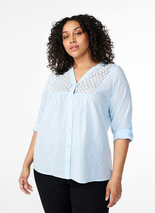 Zizzi FLASH - Shirt mit Häkeldetail, Cashmere Blue, Model image number 0