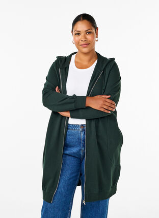 Zizzi Lange Sweatjacke aus Baumwolle mit Kapuze, Scarab, Model image number 0