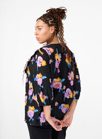 Geblümte Bluse mit Rundhalsausschnitt und Reißverschluss, Black w. Flower AOP, Model