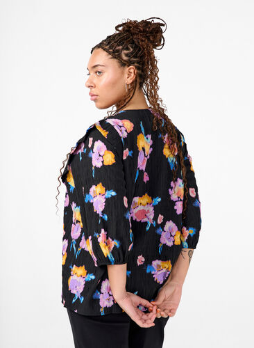 Zizzi Geblümte Bluse mit Rundhalsausschnitt und Reißverschluss, Black w. Flower AOP, Model image number 0