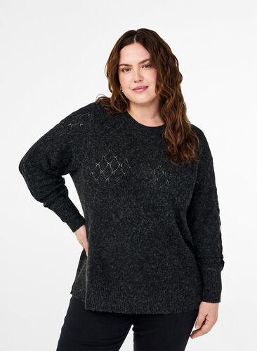 Zizzi  Strickbluse mit Spitzenmuster, Dark Grey Melange, Model image number 0