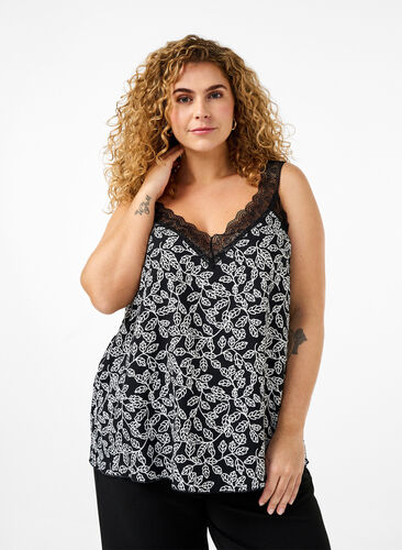 Zizzi Spitzentop aus Viskose, Black w. Wh.Leaf AOP, Model image number 0