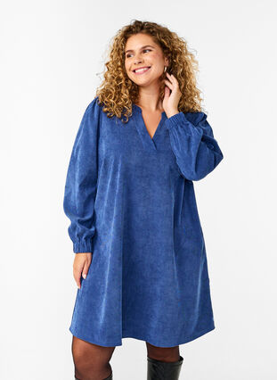 Zizzi Kurzes Samtkleid mit langen Ärmeln, Sodalite Blue, Model image number 0