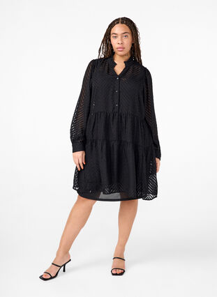 Zizzi Strukturiertes kurzes Kleid mit Rüschenkragen, Black, Model image number 2