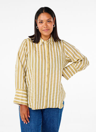 Zizzi Lockeres Shirt mit Streifen, Thyme w. Sand Stripe, Model image number 0