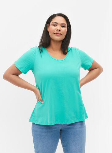 Zizzi Unifarbenes Basic-T-Shirt aus Baumwolle, Aqua Green, Model image number 0