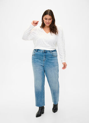 Zizzi 7/8-Jeans mit Fransensaum und hoher Taille, Light blue denim, Image image number 0