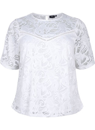 Zizzi Bluse mit Spitze und kurzen Ärmeln, Bright White, Packshot image number 0