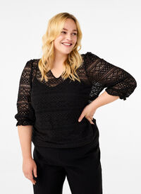 Bluse mit Lochmuster und 3/4-Ärmeln, Black, Model