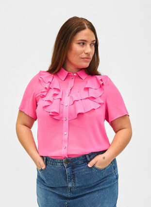 Zizzi Kurzärmelige Hemdbluse mit Rüschen, Pink Power, Model image number 0